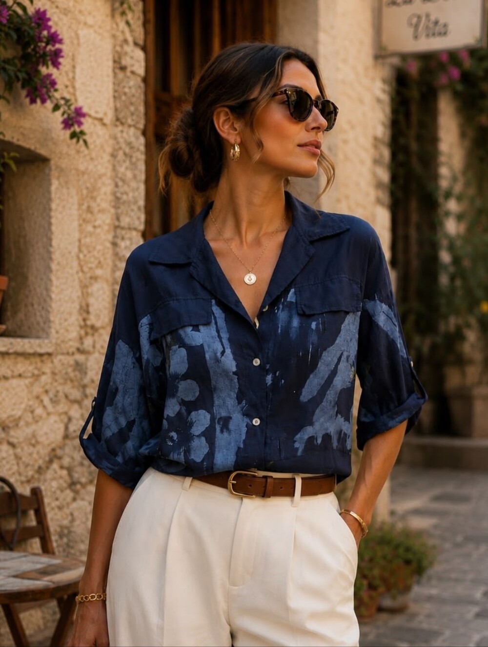 Made In Italy 100% Linen Women's Navy Tie-Dye Button-Up Shirt